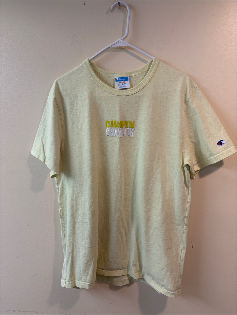 Champion Men’s Pale Yellow Heritage Reflexion Embroidered Logo Short Sleeve Tee